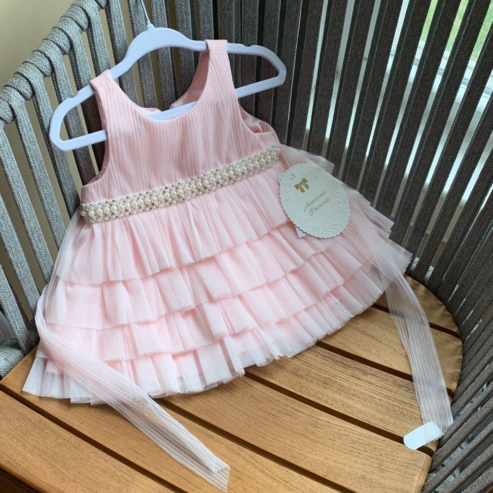 American Princess Pink Layered Dress with Pearl Accents